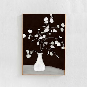 Ilustración de la planta de honestidad: impresión de arte digital descargable. Flor en un cartel de jarrón, arte de pared Scandi boho, arte imprimible en blanco y negro