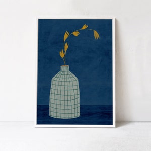 Arte imprimible en azul: impresión artística descargable digital, póster. Arte de flores en un jarrón, impresiones bohemias, arte mural, decoración ecléctica para el hogar, 24 x 36 A1