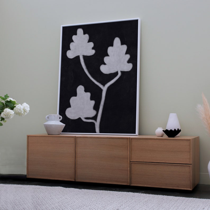 Large Abstract plant painting: Printable Wall Art Print, Poster in Mid Modern or scandi style.
Downloadable art print for living room, apartment bedroom decor.
 Black and White abstract plant painting for DIY home decor and interior design projects