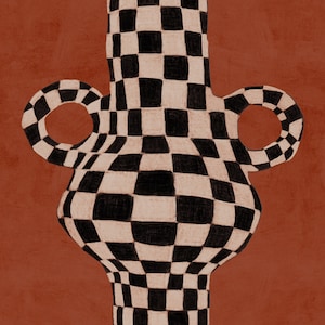 May include: A black and white chequered ceramic vase with a rounded body and two handles. The vase is against a solid orange background.