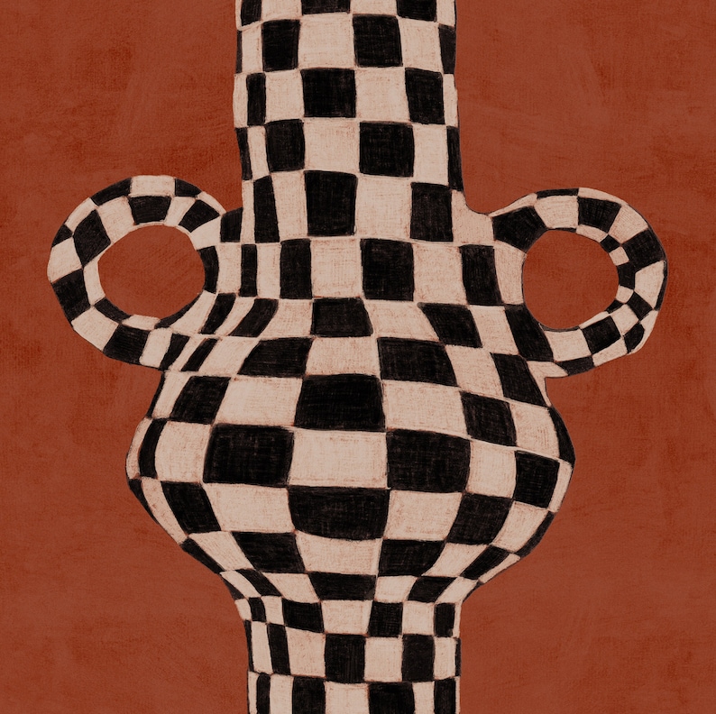 May include: A black and white chequered ceramic vase with a rounded body and two handles. The vase is against a solid orange background.