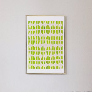 May include: A framed print with a geometric pattern of green circles and white lines on a white background.