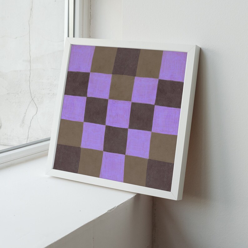 May include: A framed abstract painting with a checkered pattern in shades of purple and brown.