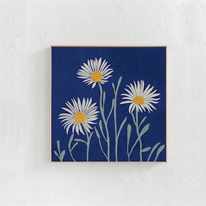 Daisies Printable wall art painting: Blue floral cottagecore decor, square downloadable art print for living room boho bedroom or dorm 30x30