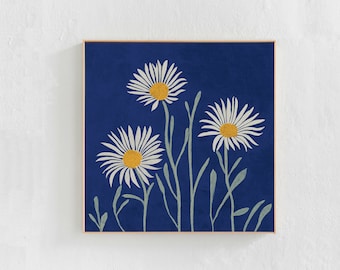 Daisies Printable wall art painting: Blue floral cottagecore decor, square downloadable art print for living room boho bedroom or dorm 30x30