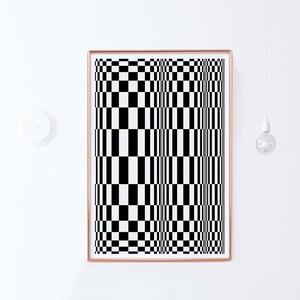 May include: Black and white checkered pattern artwork in a gold frame. The pattern creates an optical illusion of a three-dimensional shape.