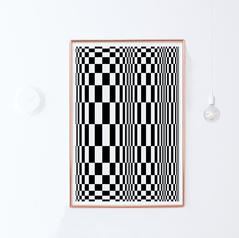 May include: Black and white checkered pattern artwork in a gold frame. The pattern creates an optical illusion of a three-dimensional shape.