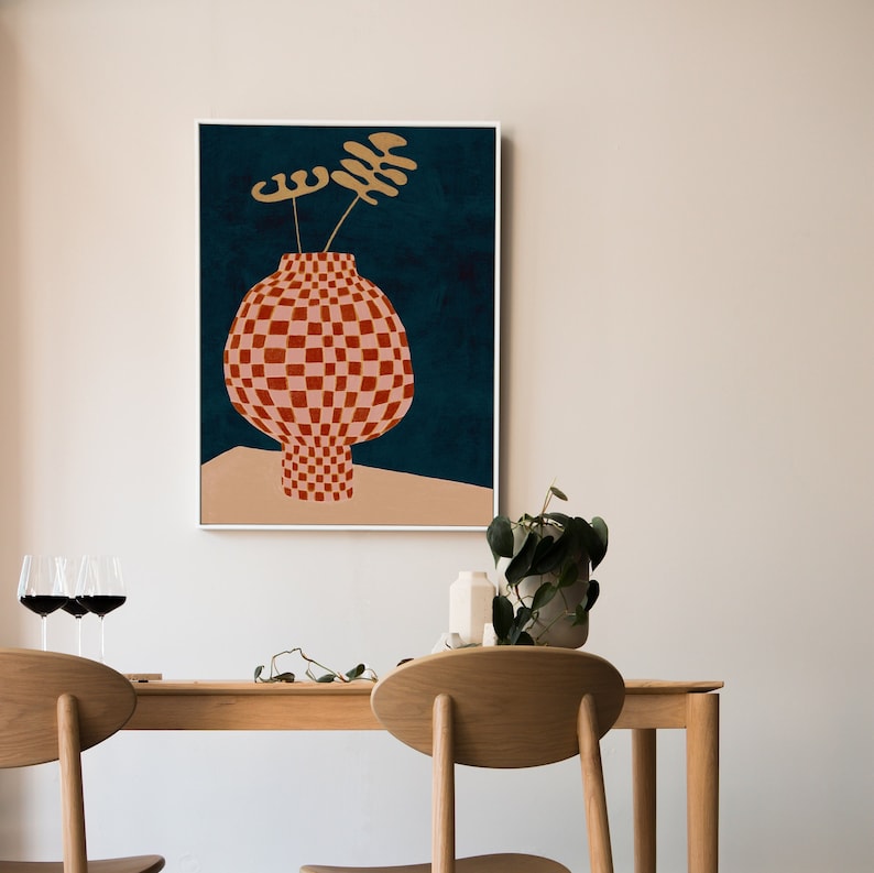Contemporary, scandinavian style poster: abstract flowers in checkered vase illustration. Large printable art print in red, beige and dark blue.
Affordable wall decor for living room, dorm, entryway, kitchen, bedroom.
 DIGITAL DOWNLOADABLE PRINT