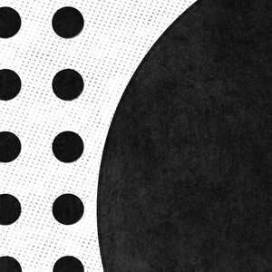 Puede incluir: Dise&ntilde;o abstracto en blanco y negro con un c&iacute;rculo negro grande en el lado derecho de la imagen. El lado izquierdo de la imagen presenta un fondo blanco con un patr&oacute;n de peque&ntilde;os puntos negros y una fila de c&iacute;rculos negros m&aacute;s grandes.