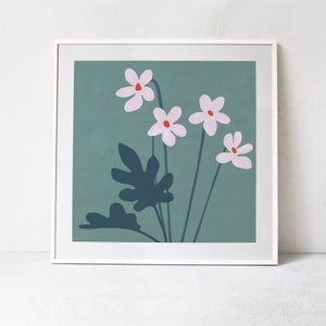 May include: A framed print of a floral illustration with five pink flowers and dark green leaves on a teal background.