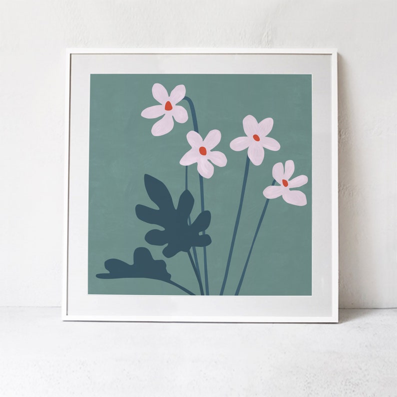 May include: A framed print of a floral illustration with five pink flowers and dark green leaves on a teal background.