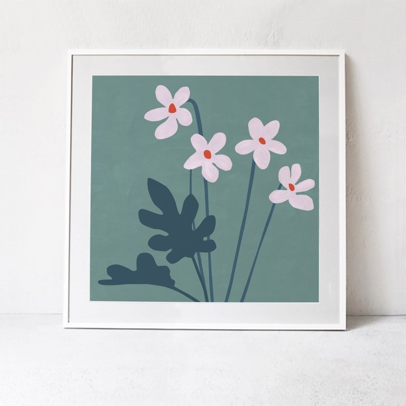 Floral wall art: digital downloadable print. Boho home decor Floral Printable Art, Teal / Grey green Pink wall decor print, Square art image 6