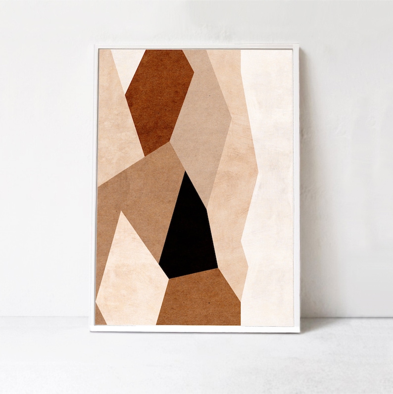 May include: Abstract geometric art print with brown, beige, and black shapes. The print has a modern and minimalist style.