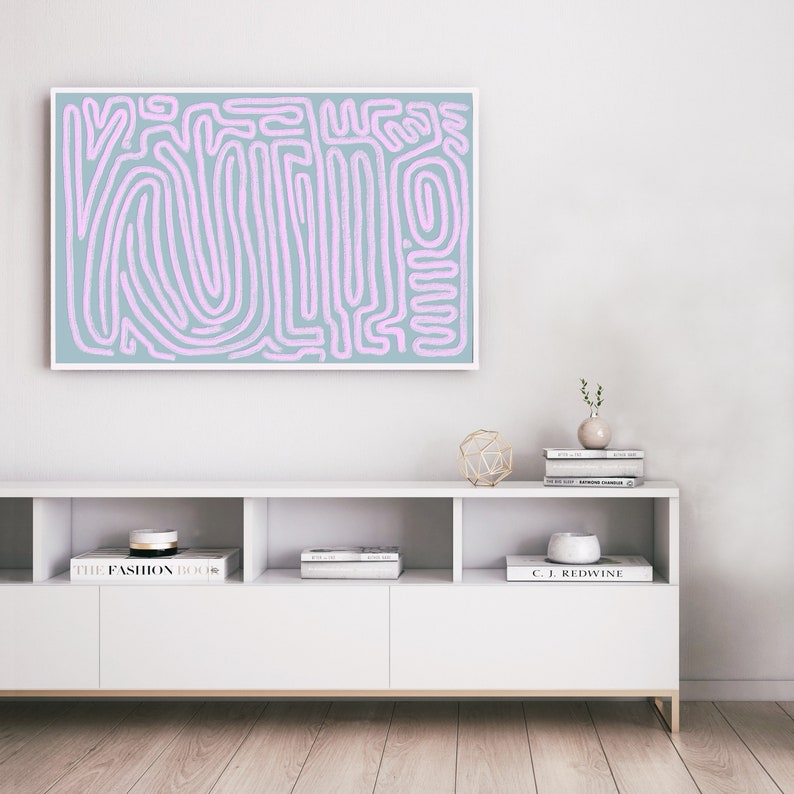 Danish pastel wall decor, abstract squiggle lines, downloadable art print. Scandi boho eclectic lilac and blue pastel printable art for DIY home decor, budget friendly apartment styling, property staging.