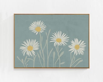 Daisies: Pastel wall decor, horizontal downloadable art print in pale teal color. Scandi eclectic floral pastel printable art  poster 24x36