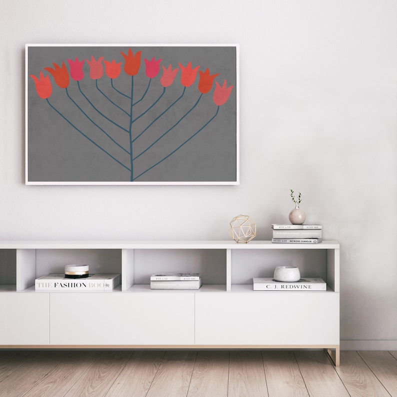 wall art Grey Red and pink downloadable art print Abstract Flower: Scandi Modern Poster Floral Printable Art Modern Boho Decor Boho Art