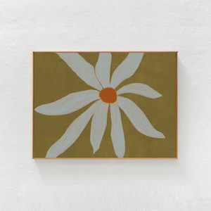 White Flower painting printable art. Scandi aesthetic horizontal wall art for living room bedroom: olive green floral downloadable art print