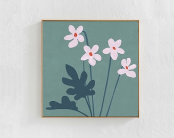 Arte murale floreale: stampa digitale scaricabile. Arredamento boho per la casa - Arte floreale stampabile, stampa murale verde acqua / grigio verde rosa, arte quadrata