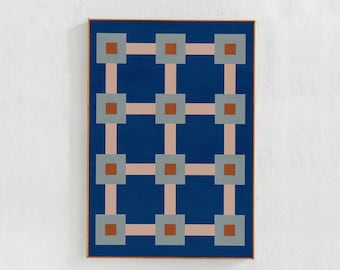 Downloadable Print in Memphis style: Abstract Geometric Printable Wall Art for living room, apartment decor. Blue, orange poster