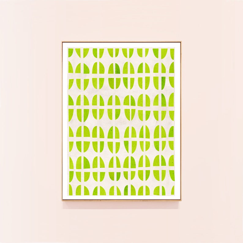 May include: A framed print with a geometric pattern of green circles and white lines on a white background.