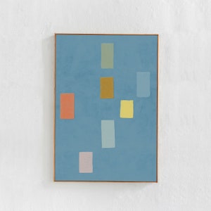 May include: Abstract painting with a blue background and colorful rectangular shapes in shades of green, yellow, orange, pink, and blue.