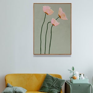 Poppies Printable painting: Sage green pink home cottagecore decor, Floral downloadable wall art print for living room bedroom dorm 24x36 image 3