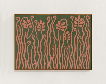 Horizontale afdrukbare, abstracte, hippe planten muurkunst: groen en oranje, digitale downloadbare print. Eclectisch, boho, cottagecore-kamerdecor