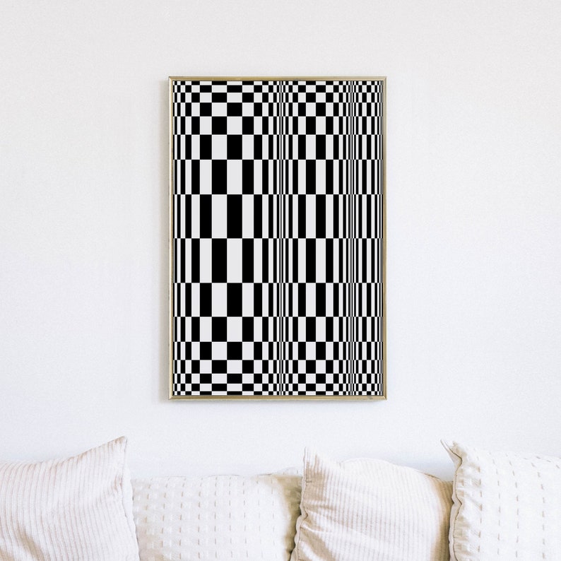 May include: Black and white checkered pattern artwork in a gold frame. The pattern creates an optical illusion of a three-dimensional shape.