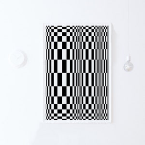May include: A black and white checkered pattern creates an optical illusion of a three-dimensional space. The pattern is framed in a white frame.