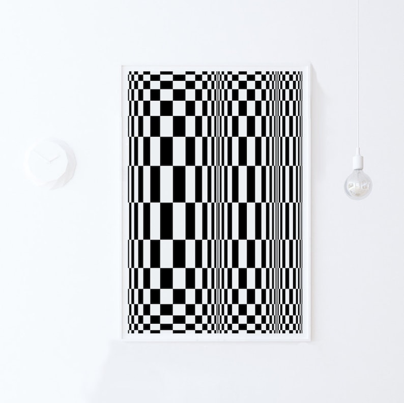 May include: A black and white checkered pattern creates an optical illusion of a three-dimensional space. The pattern is framed in a white frame.