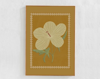 Hibiscus botanische poster AFDRUKBARE KUNST: Retro Home Decor, gele mosterd poster, Scandi Boho eclectische downloadbare print