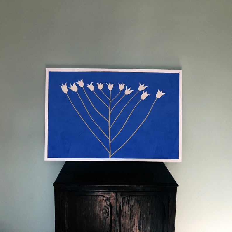 Abstract Flower: Scandi Modern Downloadable Art Poster, Blue Floral Illustration, Horizontal Eclectic Printable Wall Art, Modern Home Decor
