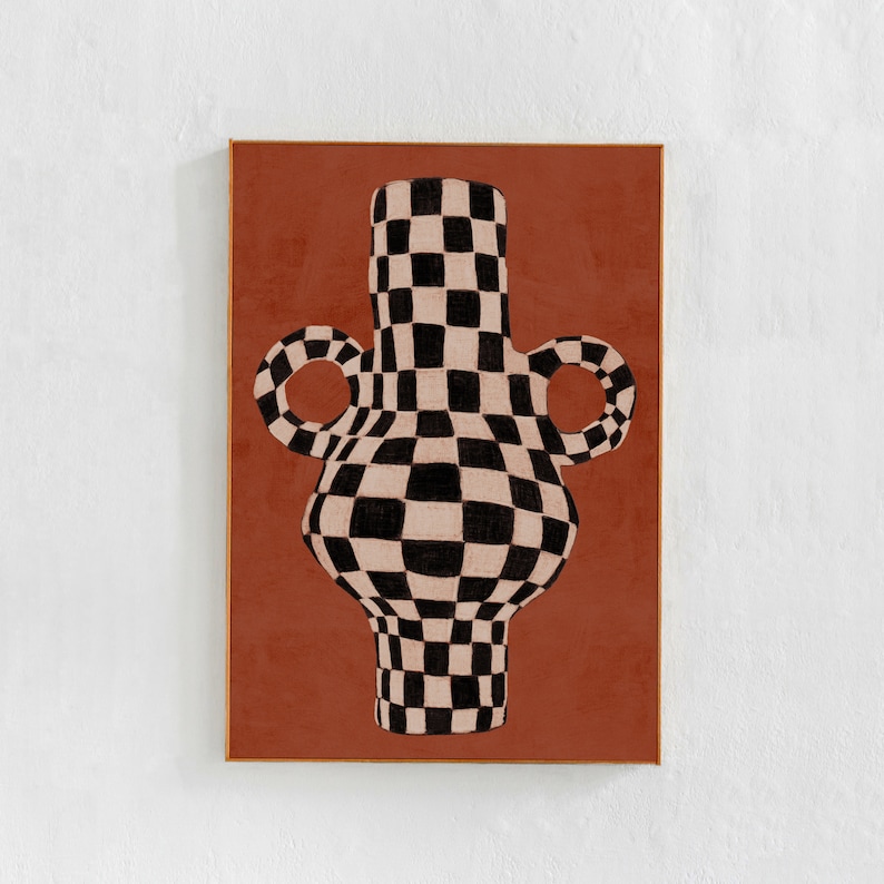 black and white checkered , contemporary eclectic vase on burnt orange, dark terracotta background: digital downloadable poster for room decor, interior styling, airbnb decor