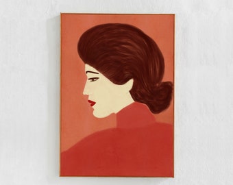 Woman in Red, Portrait painting, Downloadable Art Print in red, pink and brown. Large Printable Art Print, Poster for Modern bohemian decor