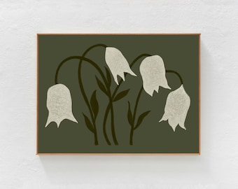 White Spring Flowers Painting, forest Green floral printable. Scandi modern horizontal wall art for living room bedroom, downloadable print