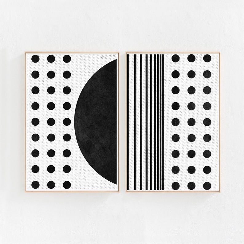 Puede incluir: Dos impresiones de arte abstracto en blanco y negro con formas geom&eacute;tricas. La impresi&oacute;n de la izquierda presenta un c&iacute;rculo negro sobre un fondo blanco con puntos negros. La impresi&oacute;n de la derecha presenta rayas verticales negras sobre un fondo blanco con puntos negros.