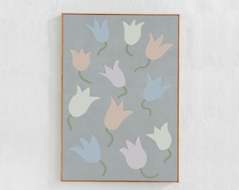 Tulpen Digitaler Download Kunst, hellblaue Wandkunst Pastell Wohndekor Floral druckbare Kunst in gedeckten Farben großes Poster für Schlafzimmer 24x36