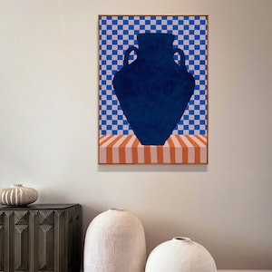 Blue vase on striped table illustration printable art. Blue and orange eclectic contemporary digital downloadable poster with stripes and checkered elements. Affordable interior art for living room, bedroom or dorm decor