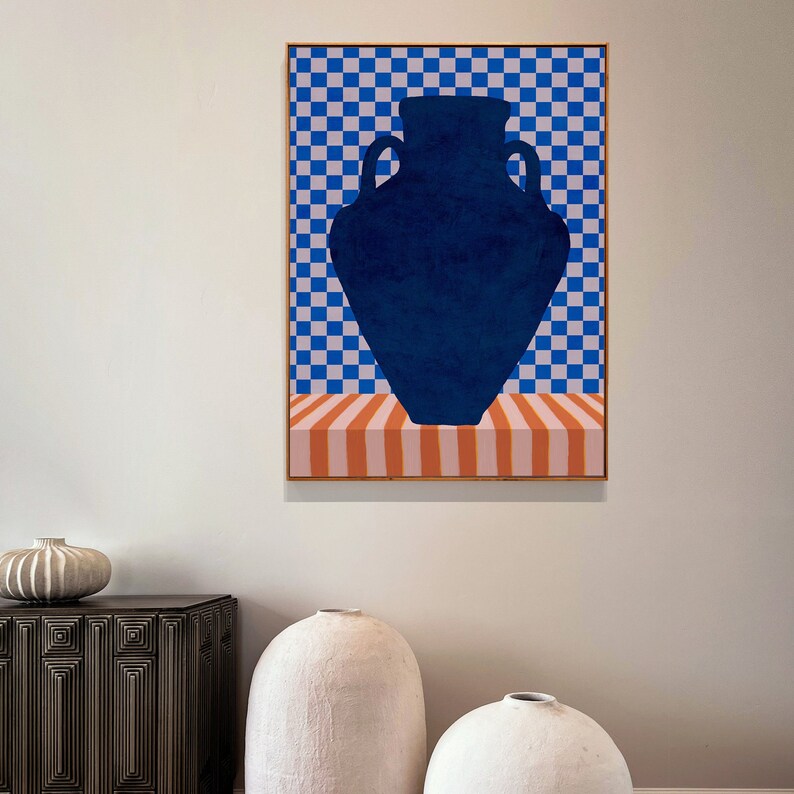Blue vase on striped table illustration printable art. Blue and orange eclectic contemporary digital downloadable poster with stripes and checkered elements. Affordable interior art for living room, bedroom or dorm decor