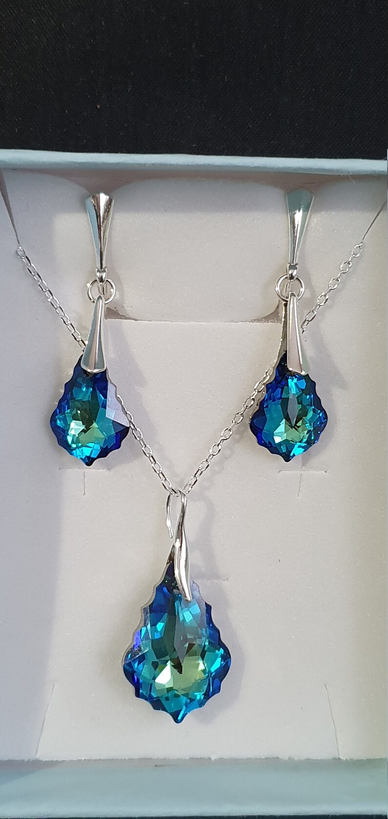 Crystal, crystal set, silver set 925, baroque drops, earrings, pendant, blue bermuda, image 4