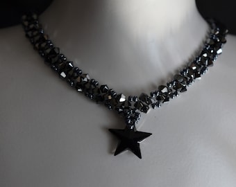 Genuine crystal choker, women jewelry, black necklace, hematite 2x, fashion, Star jet