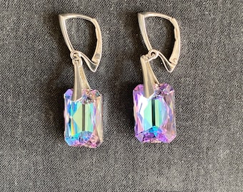 Crystal earrings, chic, luxury jewelry, silver 925, 6435, Emerald Cut, fashion, crystal Vitrail Light, woman