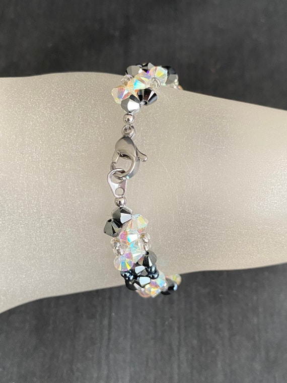 Bracelet Argent Perles Noires Hématites Cristaux Diamant - Vintage Occasion