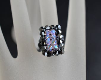 Crystal ring, crystal, woman jewel, rectangular ring, hematite 2x, rosaline, luxury accessory