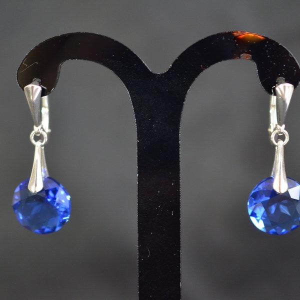 Boucles d'oreilles cristal, chic, bijou luxe, dormeuse argent 925, classic cut, mode, sapphire, femme