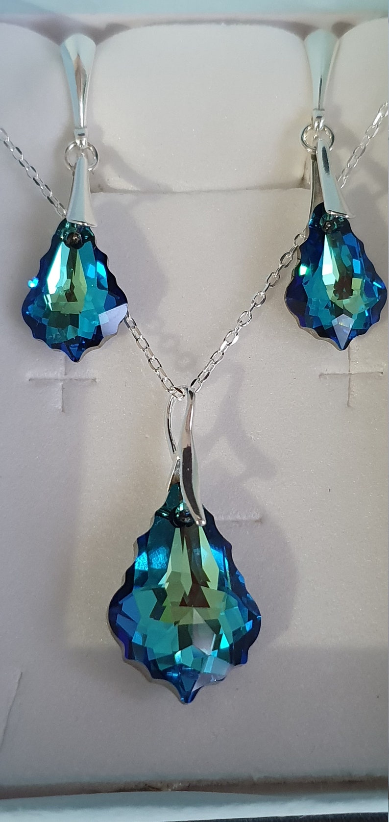 Crystal, crystal set, silver set 925, baroque drops, earrings, pendant, blue bermuda, image 2