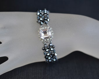 Cristal, Bracelet cristal, femme, manchette noire, bijou mode, hématite 2x, luxe