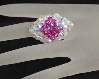 Bague cristal, cristal,  bijou femme, fuchsia ab2x, cristal ab2x, mode, bague marquise, accessoire luxe