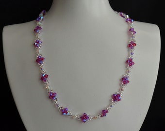 Collier en cristal véritable, Cristal véritable, bijou femme, fuschia ab2x, rose violet, cristal ab2x, luxe, blanc