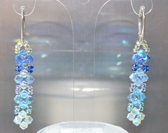 Boucles d'oreilles cristal, chic, bijou luxe, argent 925, dégradées bleus